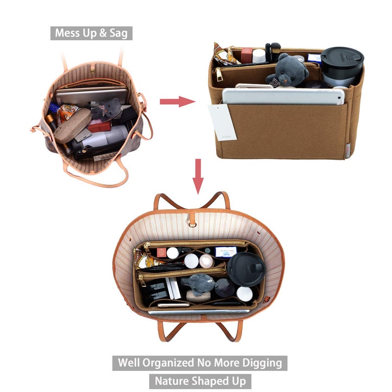 ZTUJO Purse Organizer, Felt Bag Organizer Insert for Speedy, Neverfull, Graceful, Tote, Handbag, Shaper (Medium, Lighting Coffee) - Image 5
